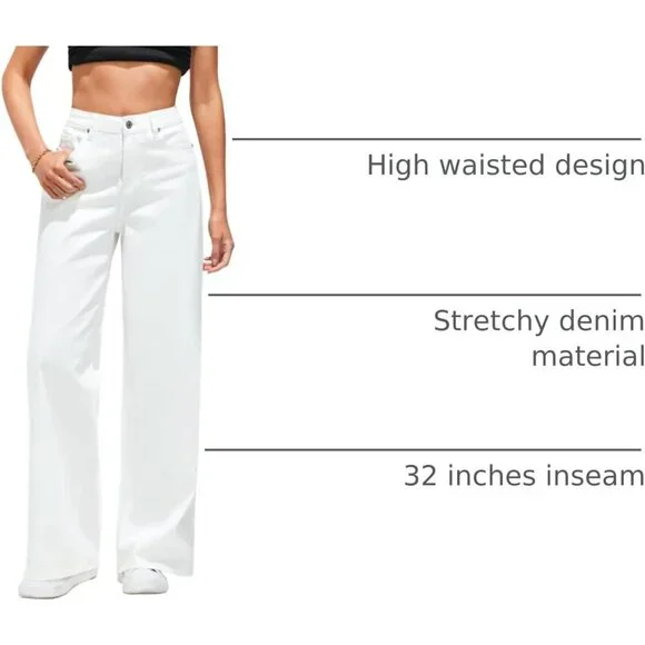 Women’s Wide Leg High Waisted Stretch Denim Jeans Pockets Casual Pants - Picture 4 of 6